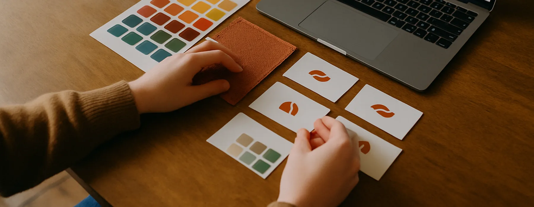 Illustration of hands developing a visual identity with colour samples and a laptop