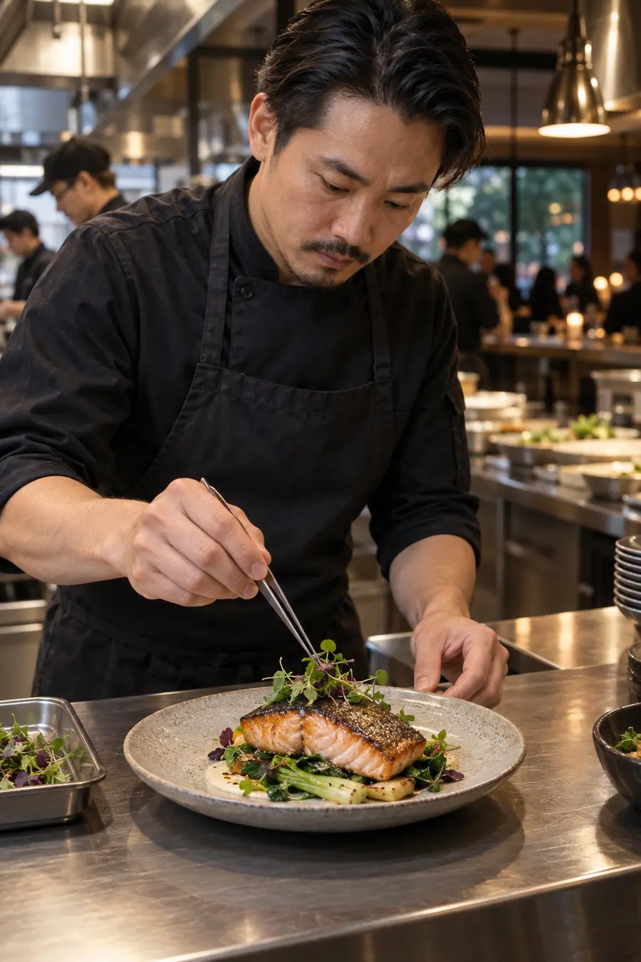 Chef plating salmon