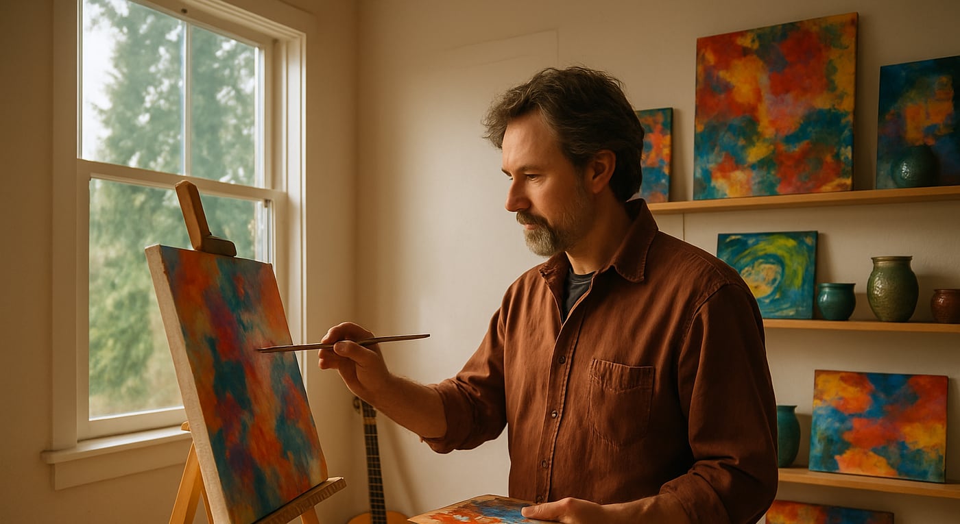 An artist painting colourful abstract canvases in a studio