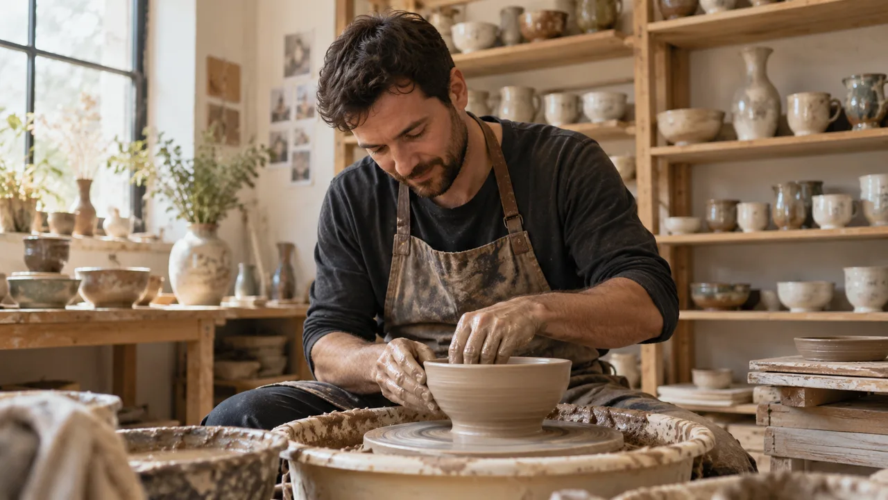 Hands shaping a clay pot on a pottery wheel